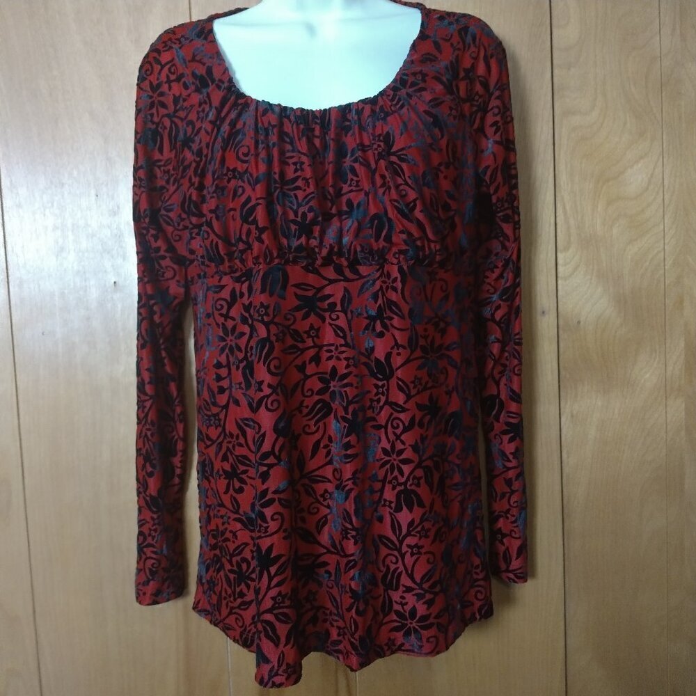 Sundance Size Medium Red & Black Velvet Burnout Boho Fitted Long Sleeve Top